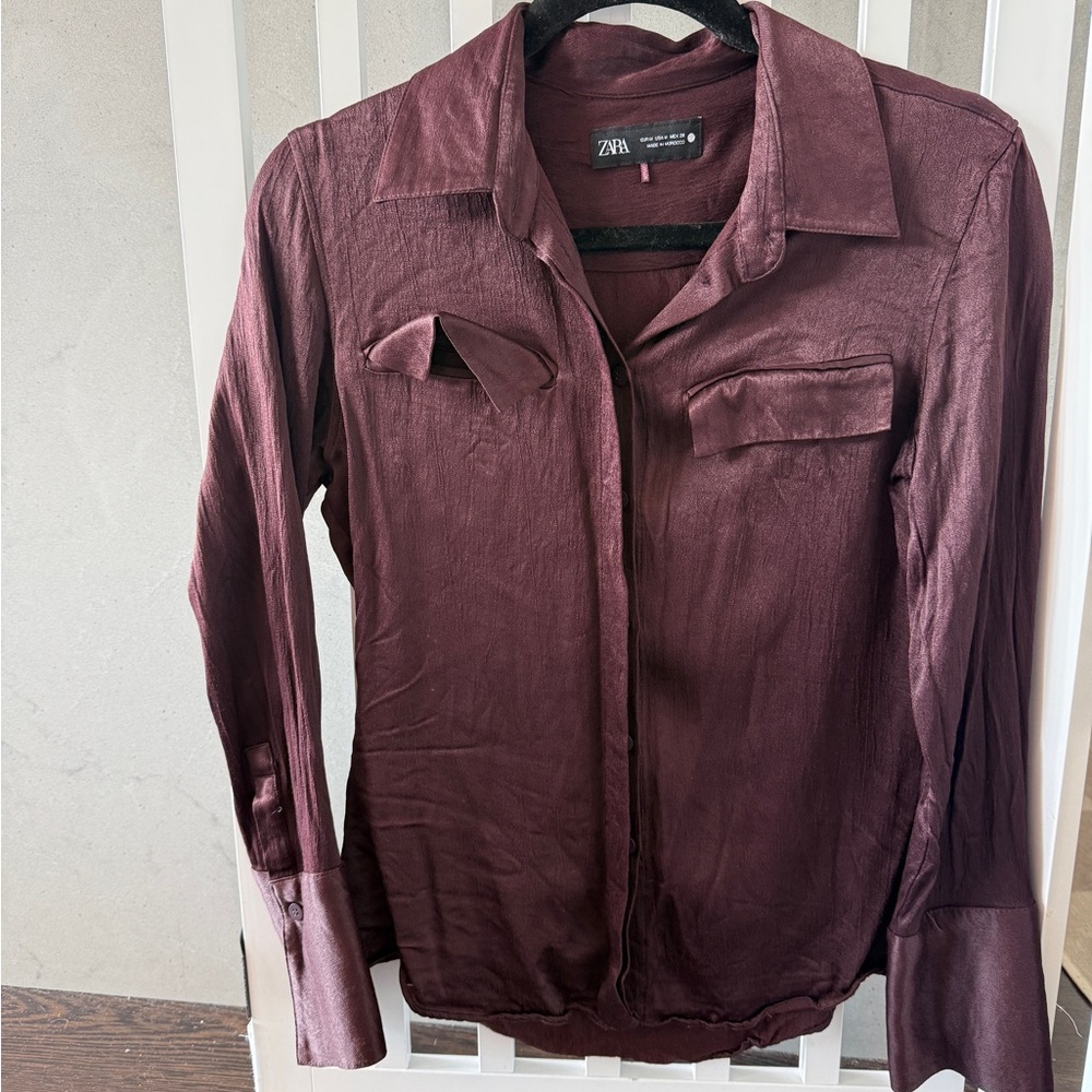 Zara Satin-Effect Button-Up Blouse in Deep Burgundy